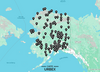 Alaska urbex map showing 410+ gold rush ghost towns and abandoned places with GPS pins