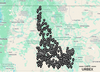 Abandoned places map of Idaho showing mining ghost towns and urbex spots with GPS pins