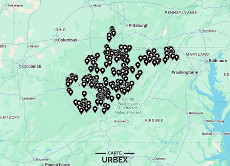 West Virginia urbex map with 460+ coal camps and abandoned places marked by GPS pins